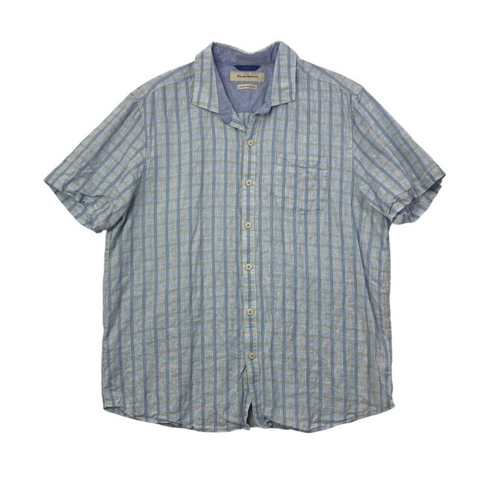 Tommy Bahama Shirt Mens XL Breeze Candy Blue Linen Blend Island Modern Fit Plaid